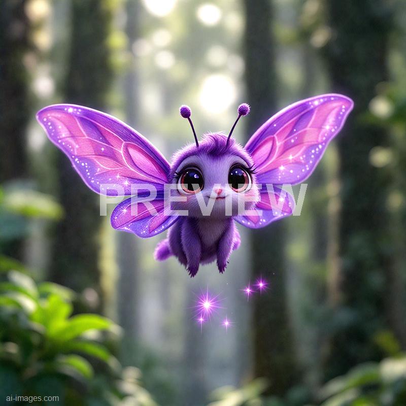 The image features an animated, adorable creature with large, expressive eyes and a small, pink nose, flying through a lush, green forest with sunlight filtering through the trees in the background. It has vibrant purple fur on its body and striking, delicate butterfly-like wings that are predominantly pink and purple with intricate patterns and a shimmer, giving it a magical appearance. The creature's antennae are topped with small, round, purple orbs, and tiny glowing sparkles trail beneath it, enhancing the fantastical atmosphere.